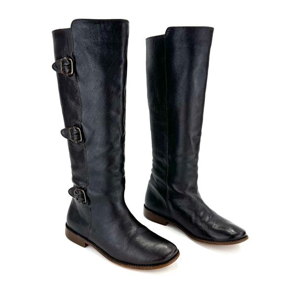 Frye Black Tall Boots Size 6.5 Leather Round Toe Low Block Heel Pull-On Style - Picture 2 of 15